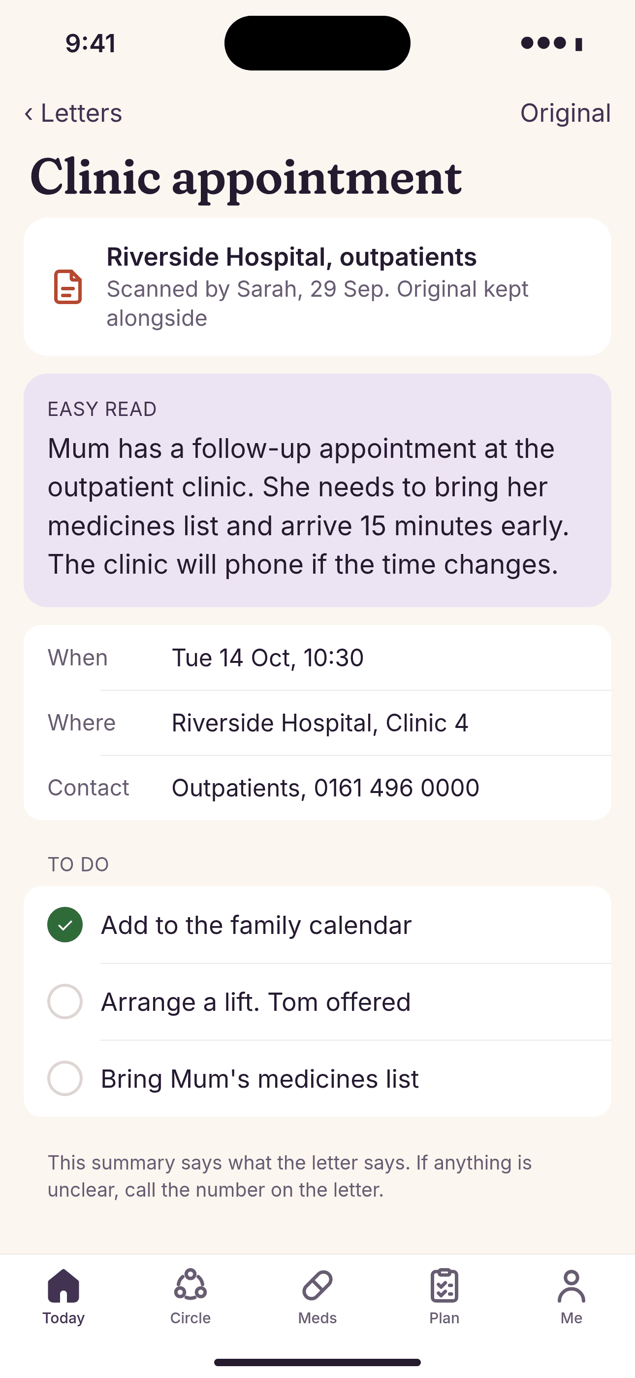 A clinic appointment letter in easy read: when, where and who to contact, with to-dos like bringing Mum's medicines list.