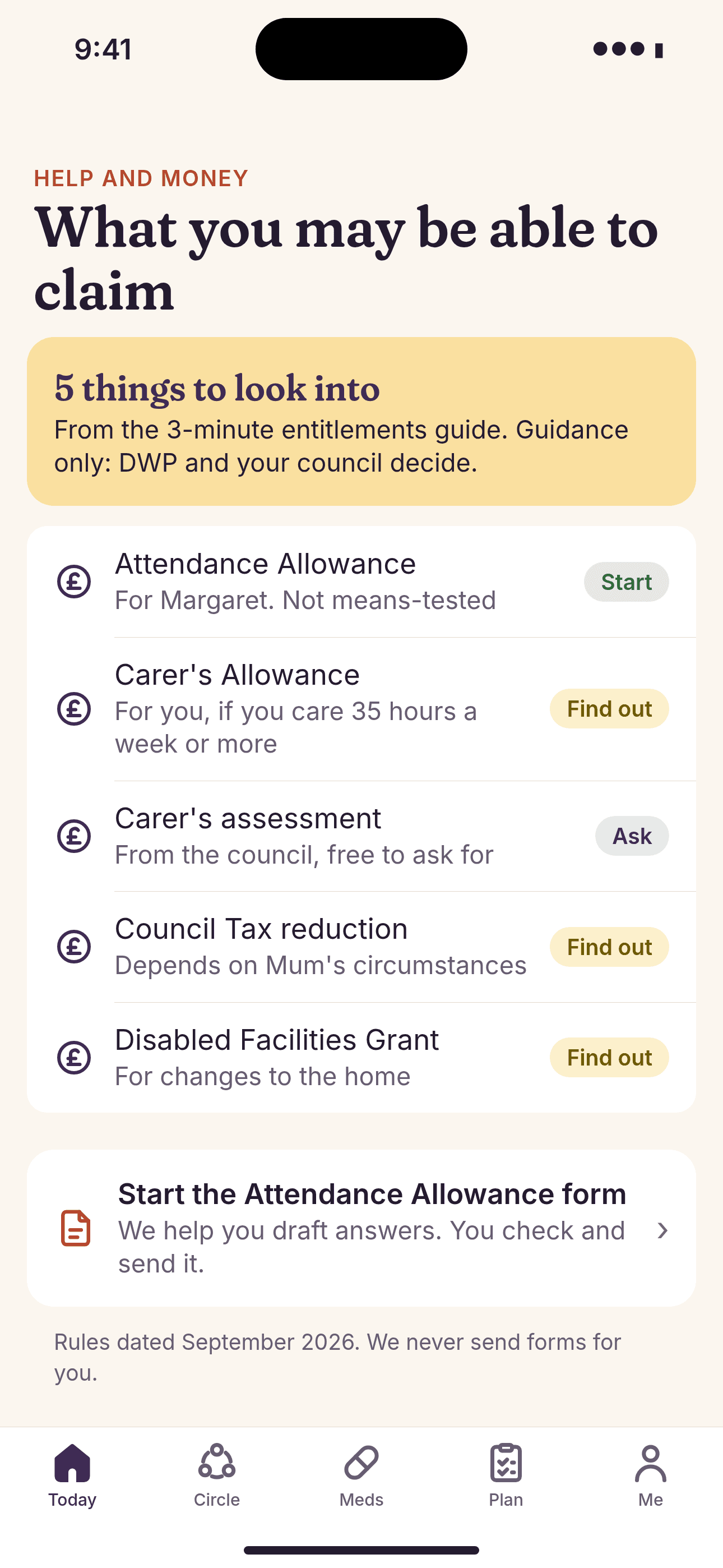 What you may be able to claim: 5 things to look into, including Attendance Allowance, Carer's Allowance and a carer's assessment.