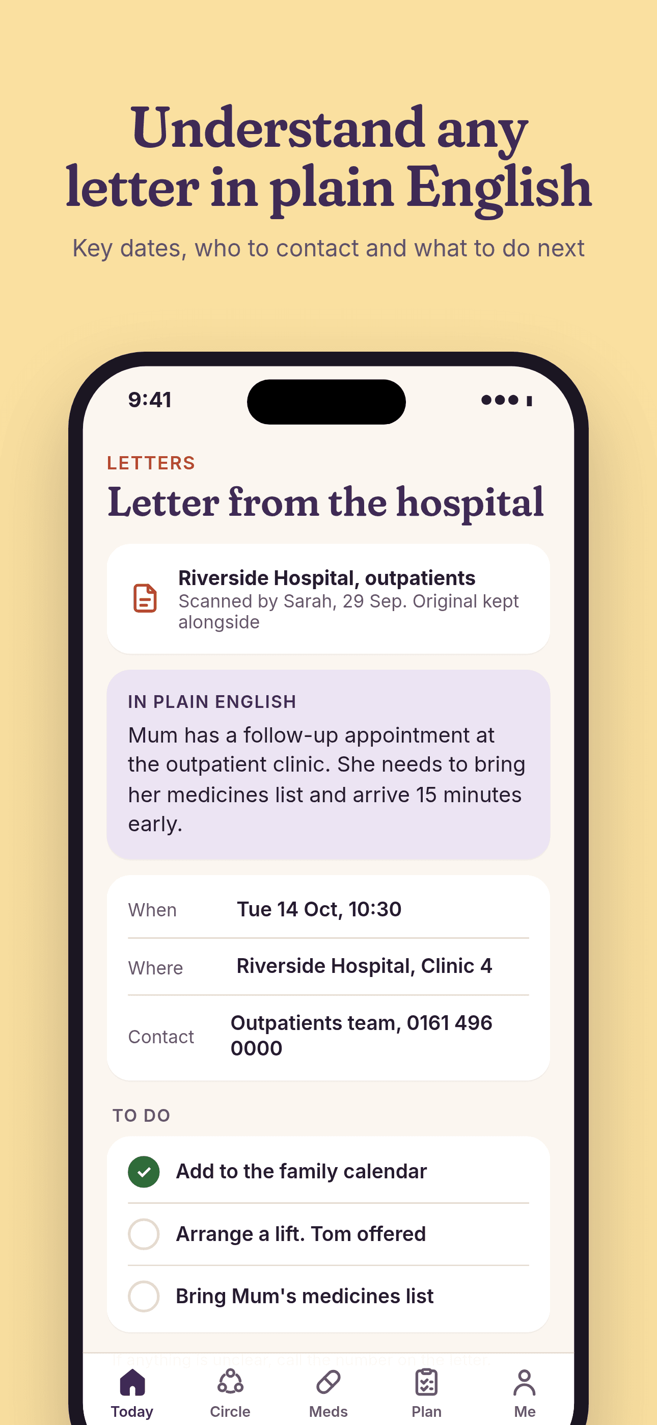 Understand any letter in plain English: a hospital letter summarised with dates, contacts and a to-do list.